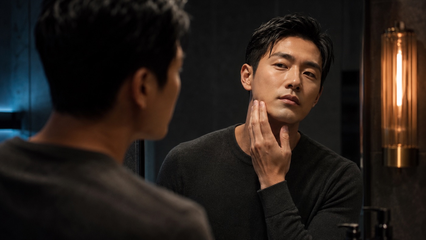 鏡で肌を確認する男性